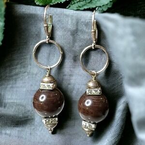 925 Silver and Glass Bead Rhinestones Earrings Women’s Brown Dangle